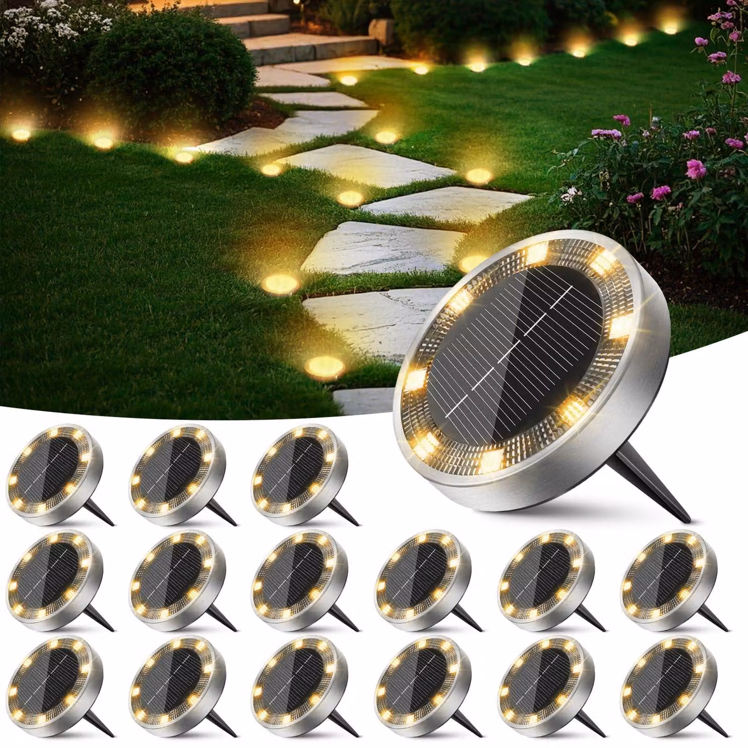 Lampade da giardino solari, confezione da 16 pezzi, 8 LED, luce bianco caldo, resistenti alle intemperie