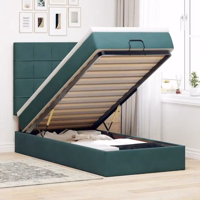 Letto con contenitore a sollevamento vidaXL in velluto verde e bianco con illuminazione sottostante e porta USB, L: 200 cm, P: 140 cm, H: 90 cm – 1