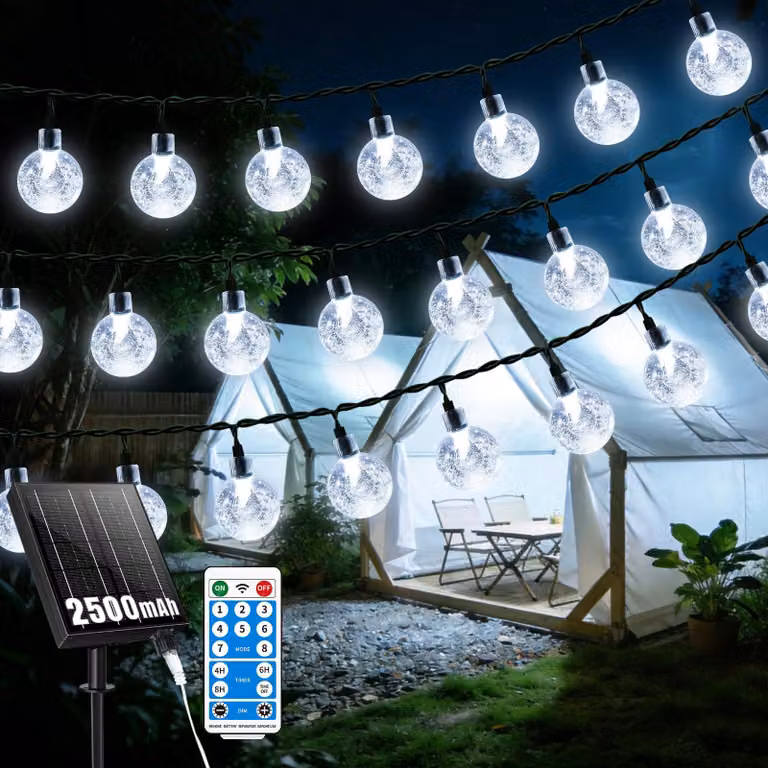 Catena luminosa solare, 12 metri, 60 LED, batteria da 2500 mAh, grado di protezione IP65, 8 modalità, telecomando