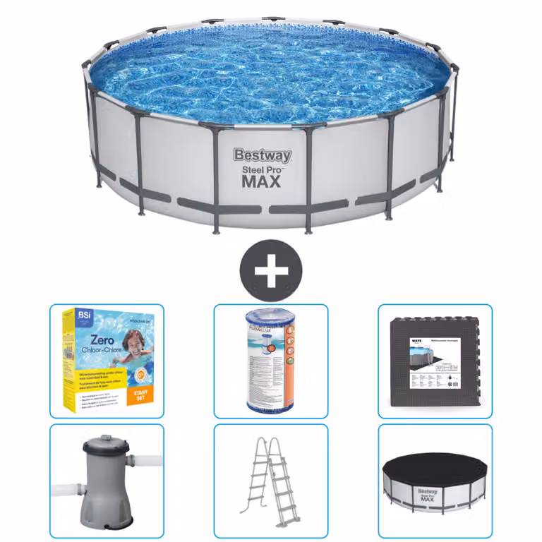 Piscina Bestway Round Steel Pro MAX - 457 x 122 cm - grigio - inclusa pompa - scala - pacchetto manutenzione copertura - filtro - piastrelle per il pavimento