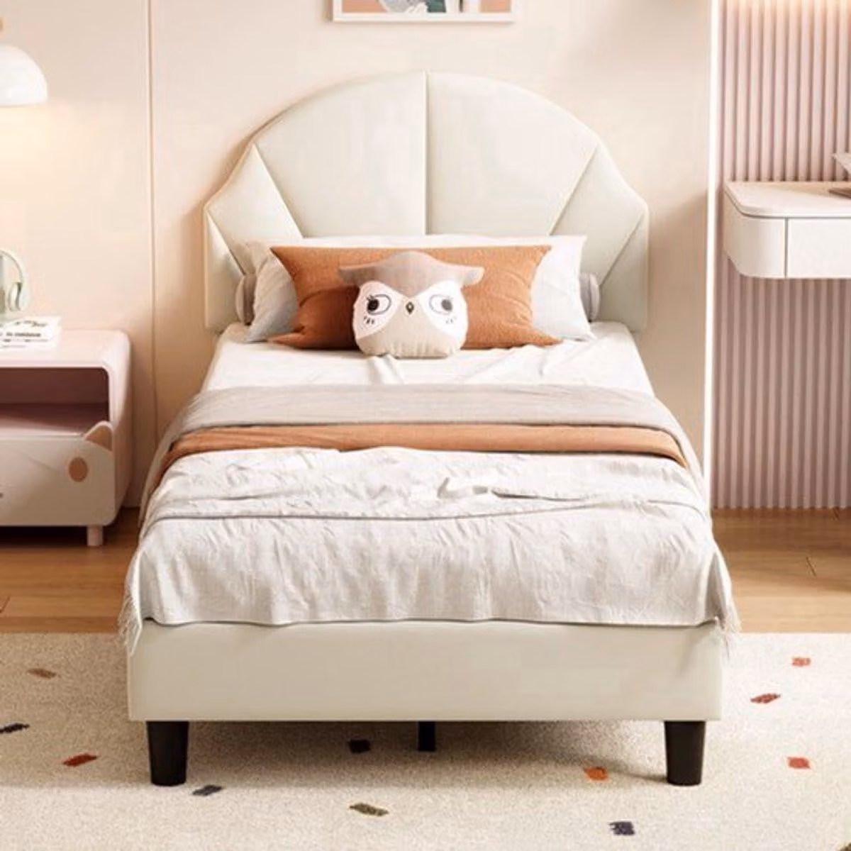 Letto singolo - 90 x 200 cm - Rivestimento in velluto beige - Con rete a listelli - Aspetto elegante