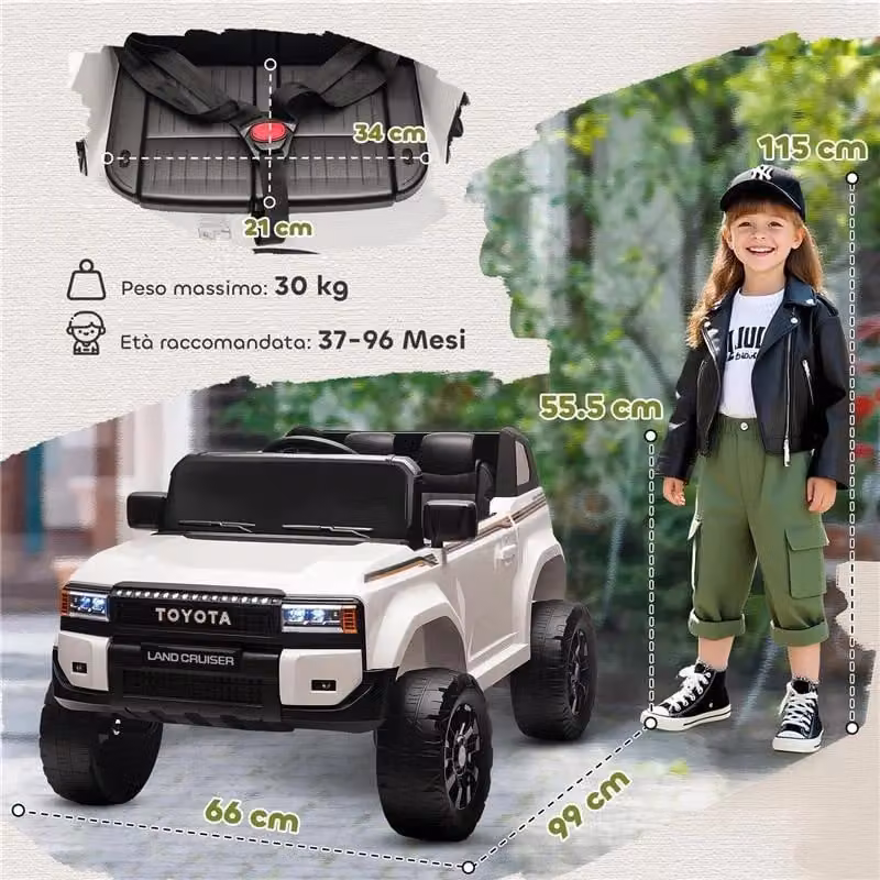 Auto elettrica per bambini Toyota Land Cruiser 12V con telecomando, colore bianco – 2