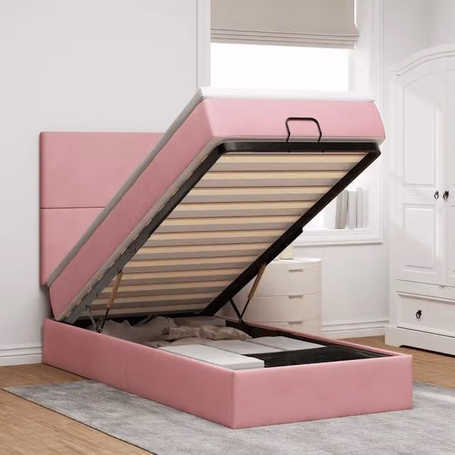 Letto con contenitore a sollevamento vidaXL in velluto rosa e bianco L 200 x P 100 x H 128 cm
