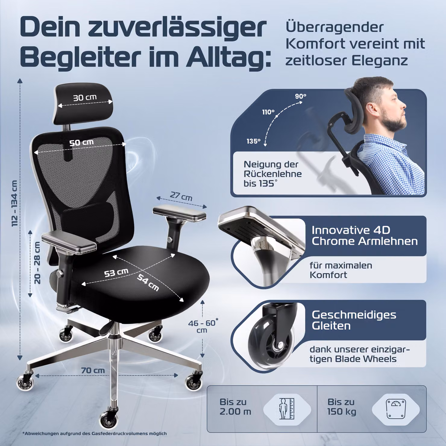 CLOUVOU CleverSeat Sedia da ufficio ergonomica Sedia da scrivania regolabile in altezza, braccioli 4D, poggiatesta 3D, + cuscino per la schiena [N. 1 in termini di rapporto qualità-prezzo]