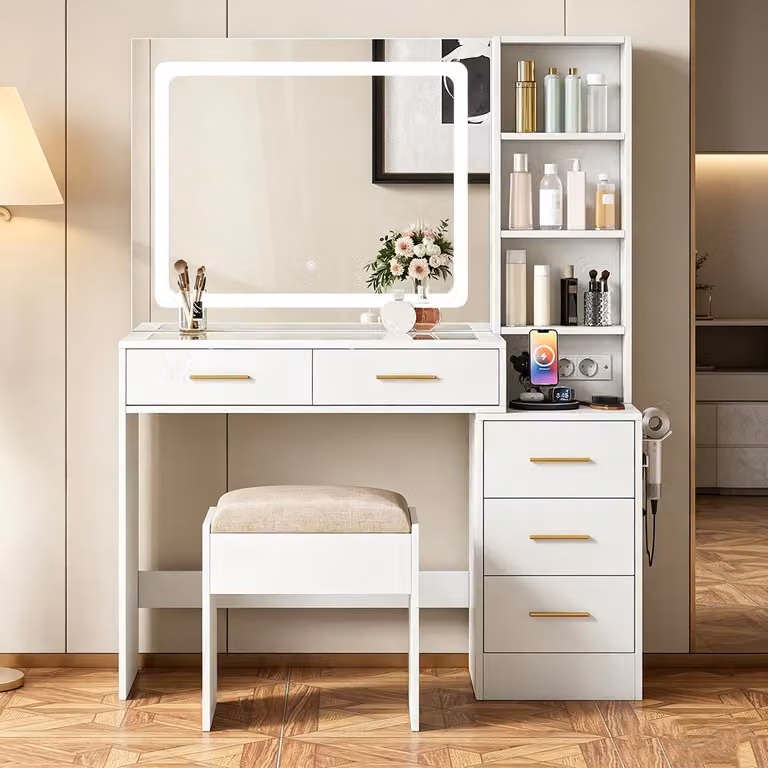 Comò da trucco bianco con specchio a LED, 5 cassetti e 3 vani aperti, tavolino da trucco con supporto regolabile, completo di sgabello