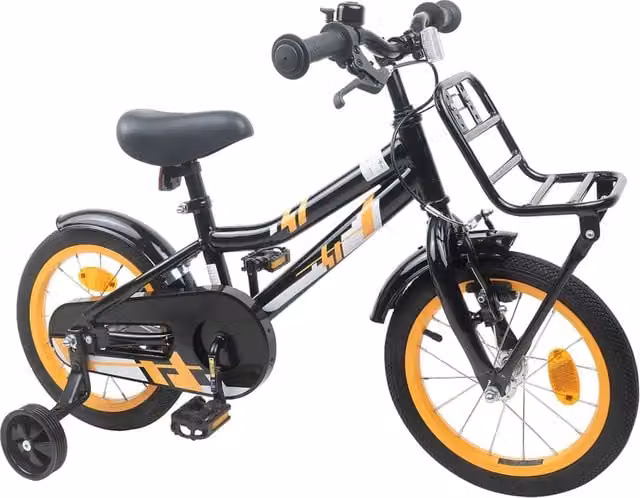 Bicicletta per bambini da 14 pollici arancione e nera con struttura in metallo e pneumatici in gomma