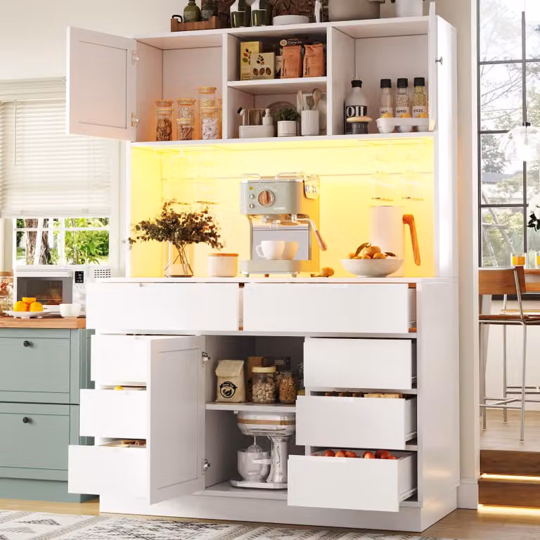 Set completo per cucina di alta qualità, con porta di ricarica USB e illuminazione LED controllabile tramite app, mobile buffet con 8 cassetti e ripiani regolabili, colore bianco