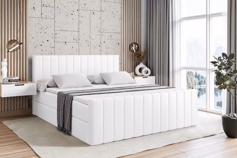 Letto boxspring ALTDECOR con pediera, materasso H4 e topper - 140x200 cm - EDITA-Z - Pelle finta bianca - Letto imbottito con contenitore e rete a doghe, letto con spazio contenitivo