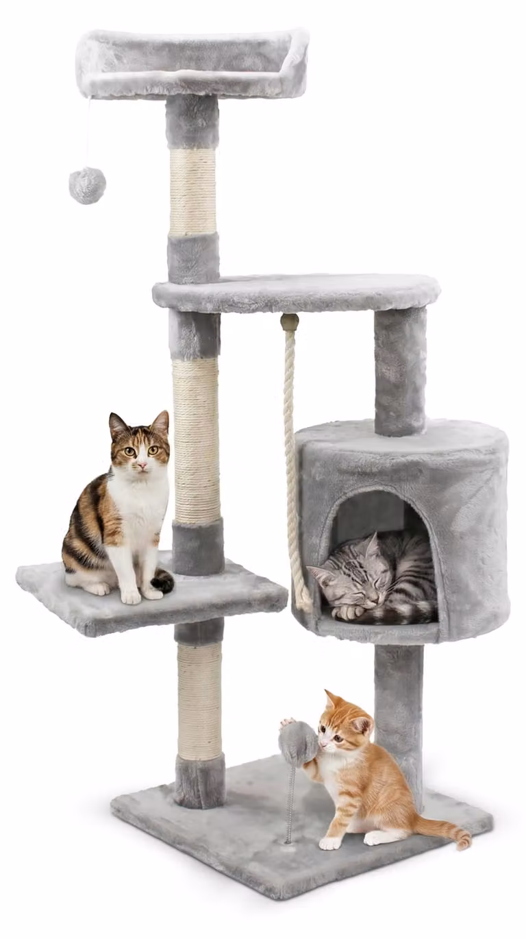 Albero per gatti, grigio, altezza 112 cm, con area giochi e tiragraffi, adatto ai gatti