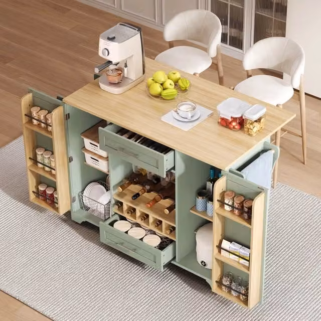 Carrello da Cucina Multifunzione ¨C Minimal ¨C Verde, 120x45/70x92cm, Con Scomparti di Stoccaggio