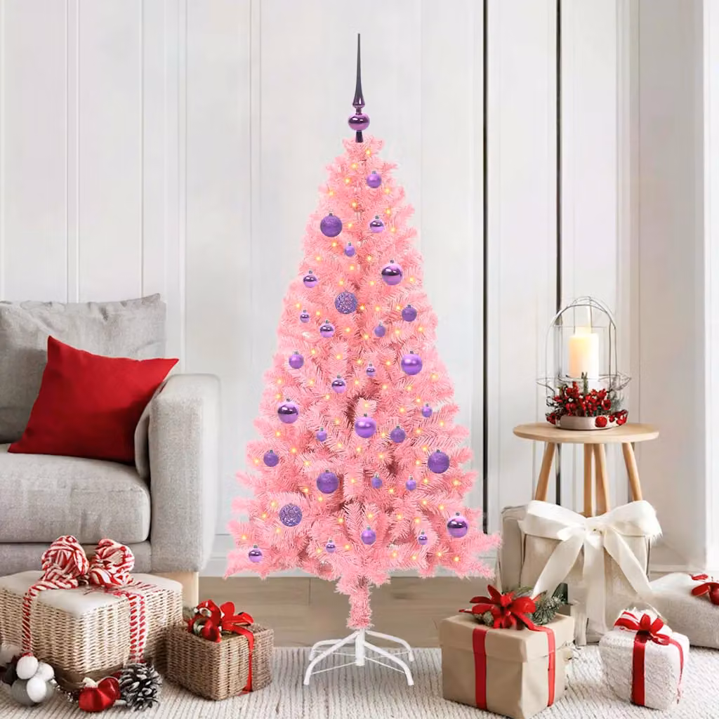 Albero di Natale moderno vidaXL rosa con luci LED bianco caldo in PVC, Altezza: 150 cm