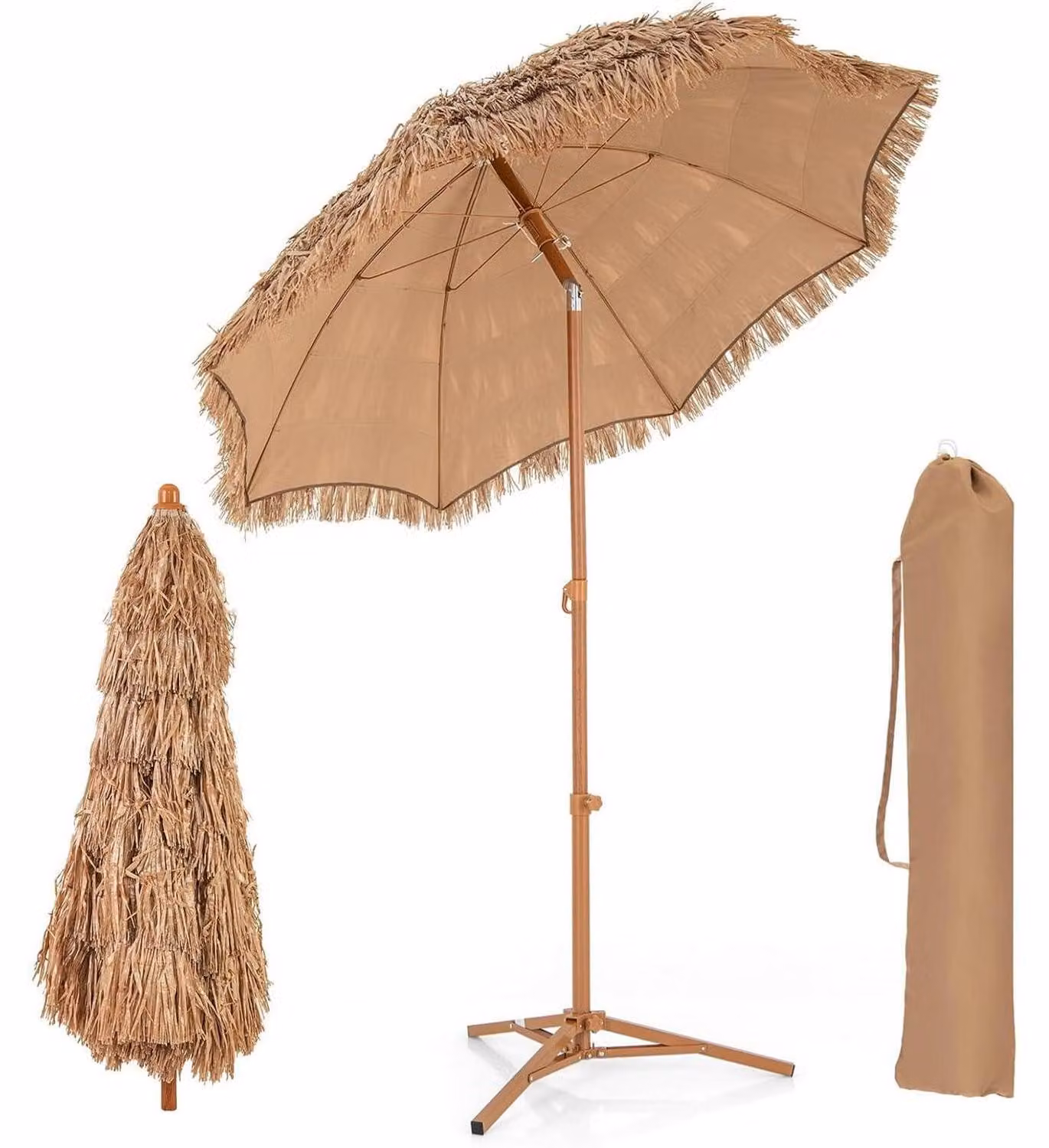 Ombrellone da spiaggia "Hawaii", diametro 175 cm, pieghevole con struttura in legno naturale