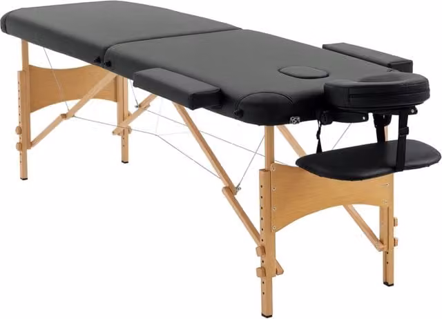 Lettino da Massaggio Pieghevole Xylo in Legno di Faggio con Rivestimento in Finta Pelle Nero e Poggiatesta Regolabile