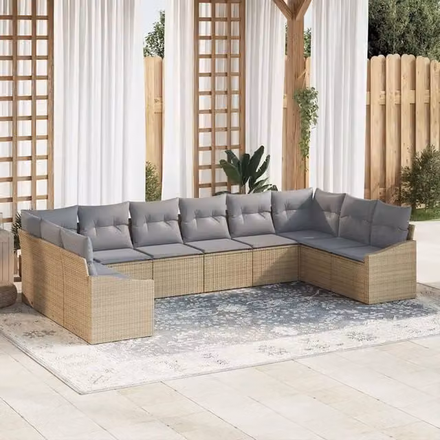 vidaXL Set Divano da Giardino a forma di U in Polyrattan con Cuscini Beige e Grigio – 1