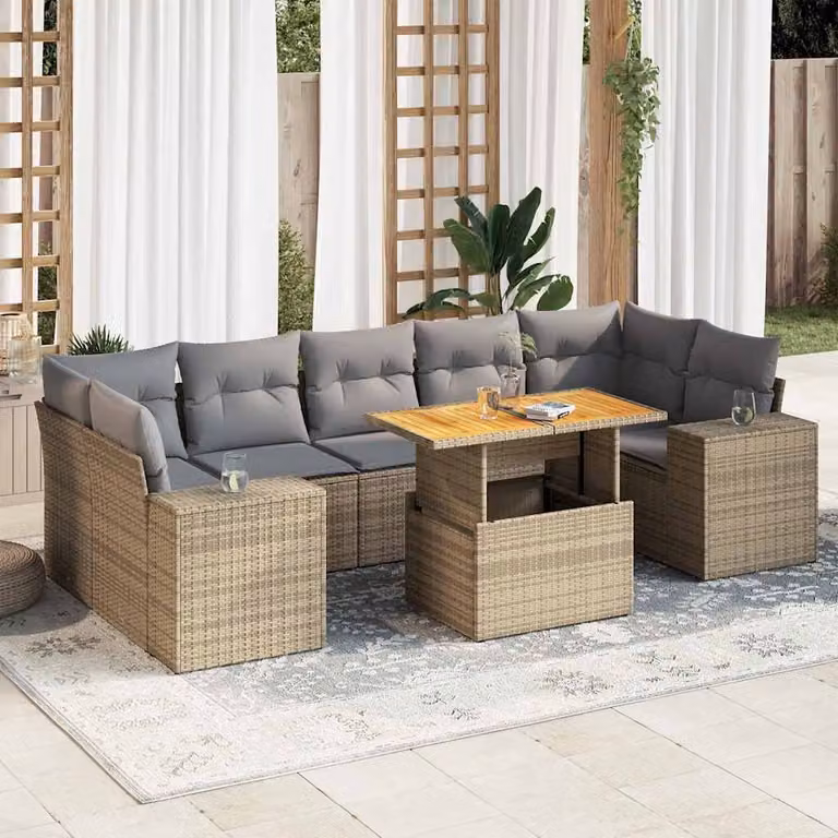 Set Divano da Giardino vidaXL 8 pz in Polyrattan e Legno di Acacia con Cuscini Beige e Grigio