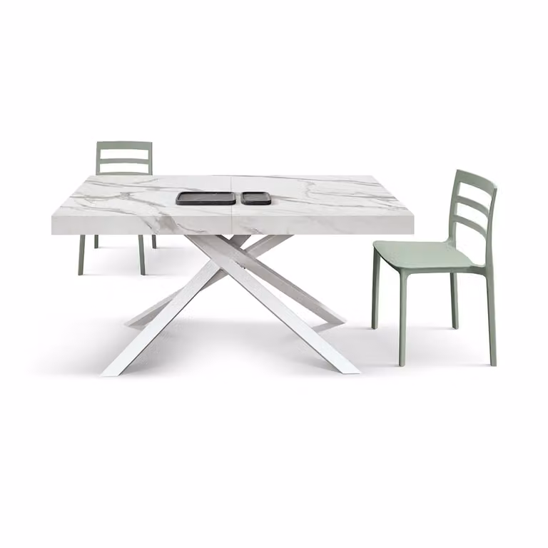 Tavolo FORTE DEI MARMI in legno, finitura bianco statuario e base in metallo bianco, allungabile 160×90 cm – 240×90 cm