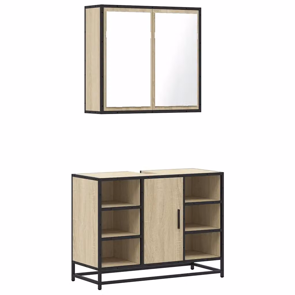 Set Mobili da Bagno Industrial vidaXL in Legno e Metallo Beige composto da Mobile Lavabo e Armadietto con Specchio L/P/H: 80 x 33 x 60 cm – 2