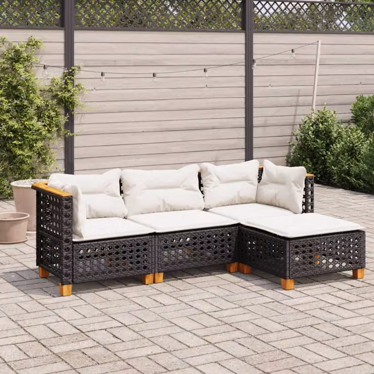 Set di divani da giardino vidaXL in polyrattan nero con cuscini, componibile a L con pouf e divano a 2 posti per esterno