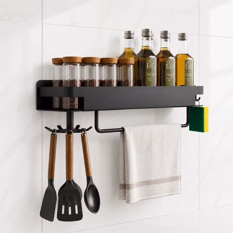 Scaffale da parete per erbe aromatiche, con supporto girevole a 360°, dimensioni 39 cm, colore nero, per la cucina