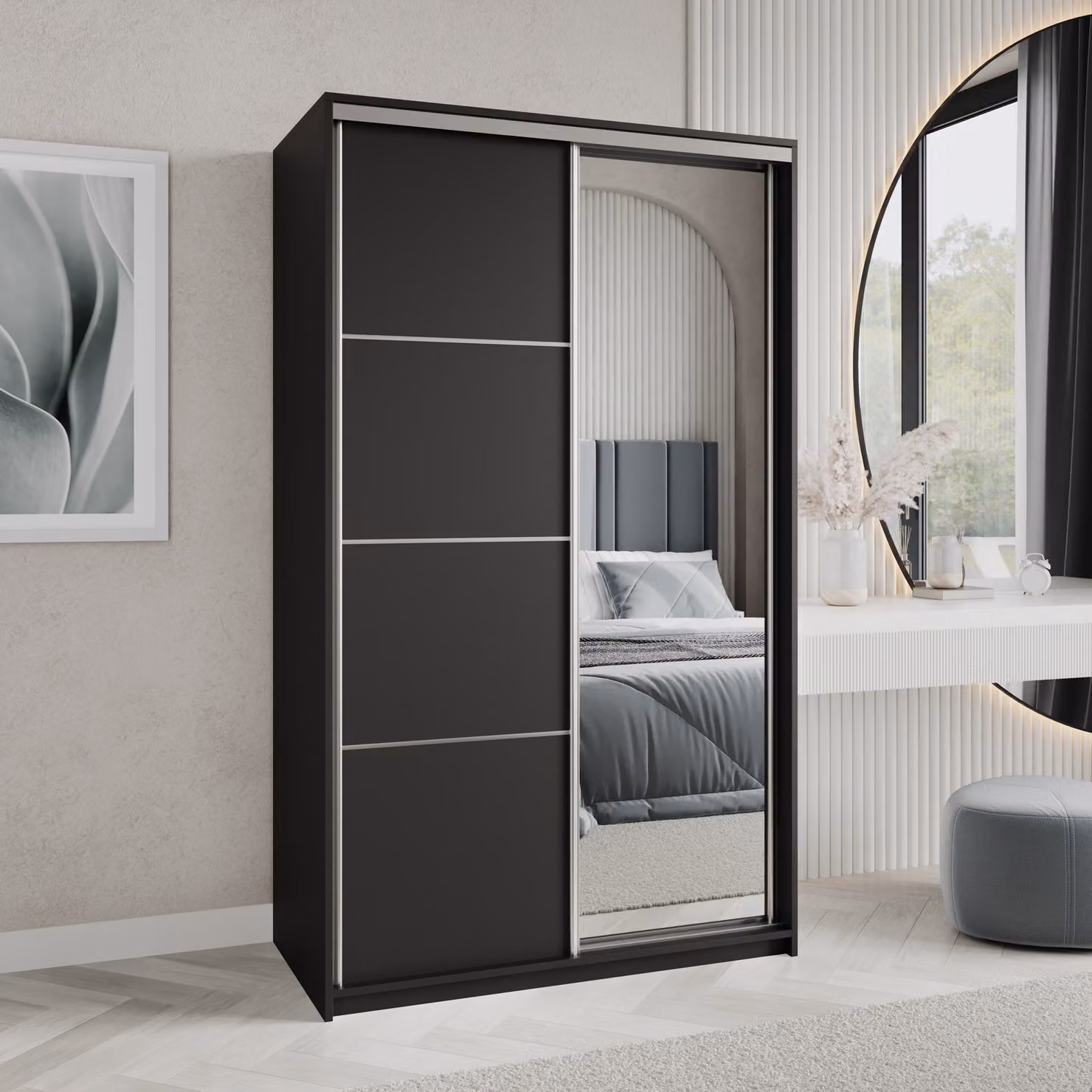 Armadio scorrevole Masseno VARO 120/205/60 cm Armadio con cassetti Armadio per camera da letto a 2 ante con specchio Nero + raso