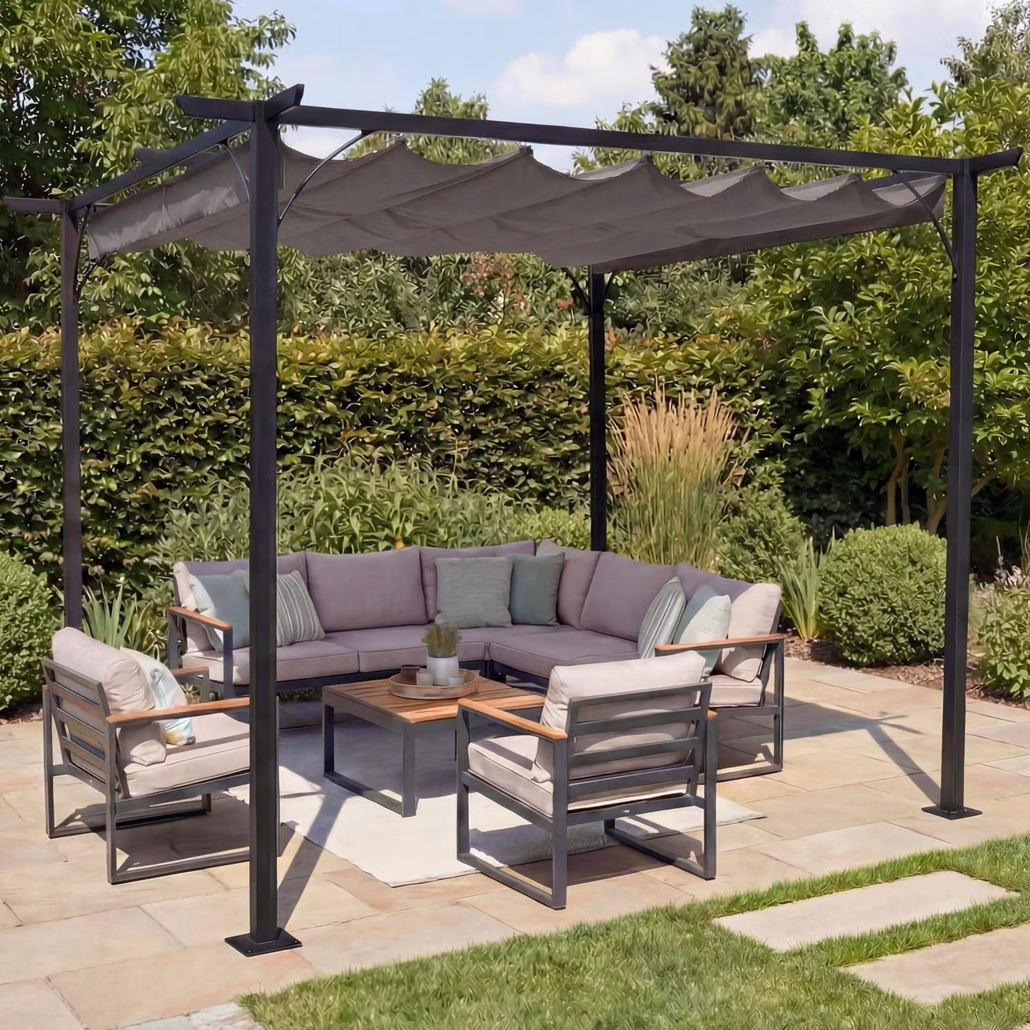 Pergola HWC-C42, padiglione da giardino, telaio robusto da 6 cm + tetto scorrevole ~ 3,5x3,5 m grigio