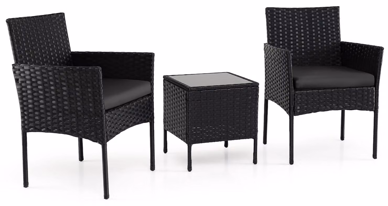 Set da esterno in rattan nero da 3 pezzi con tavolo