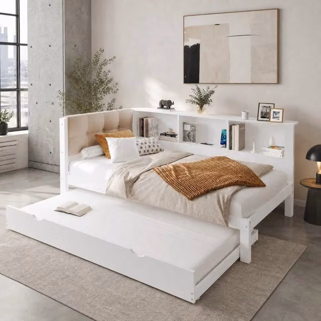 Letto singolo 90x200 cm con letto estraibile; LED dimmerabile; USB e scaffale; bianco