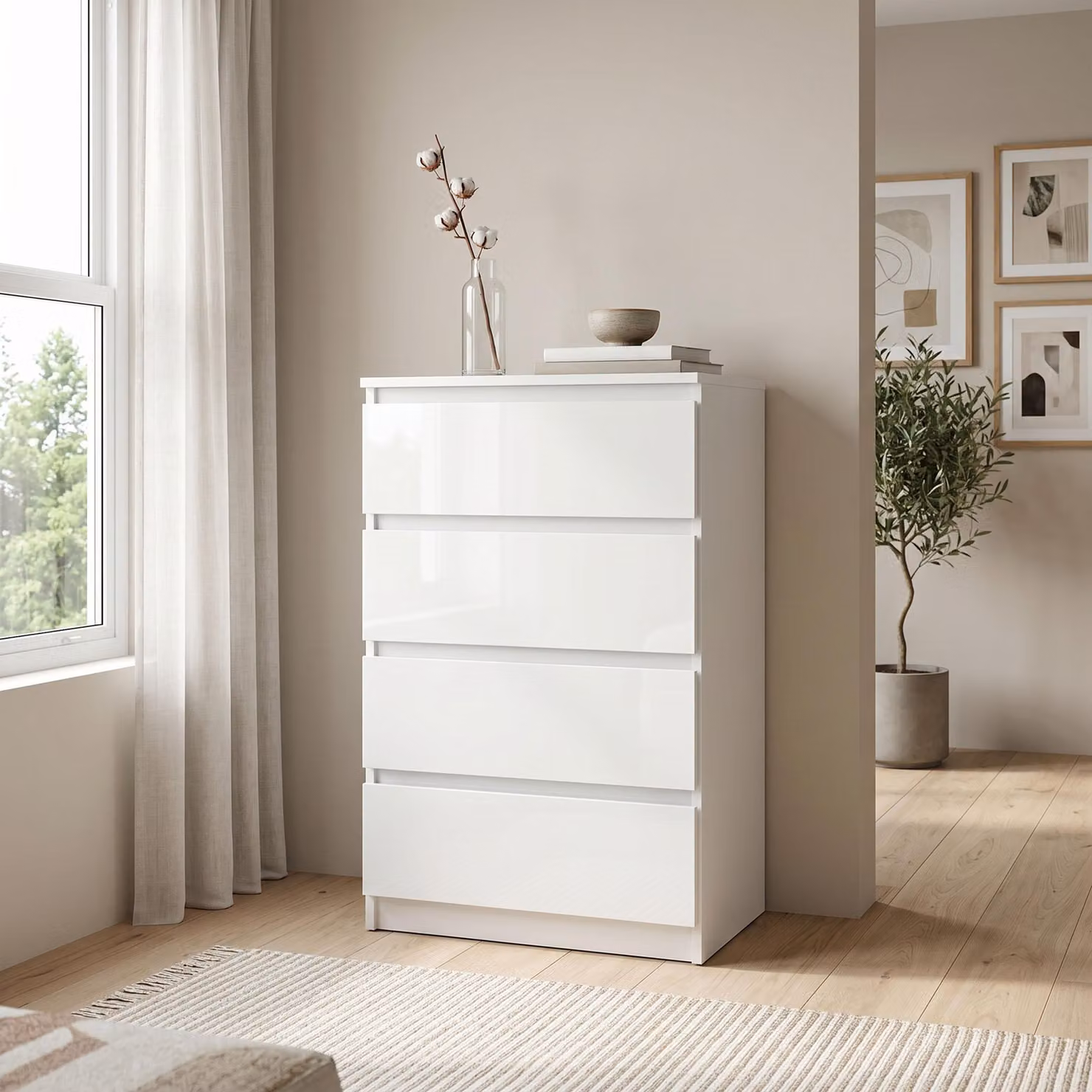 Comodà Masseno NUDO da 70 cm con 4 cassetti e ante, per soggiorno e camera da letto, stile moderno, 70x39x102 cm, bianco / bianco
