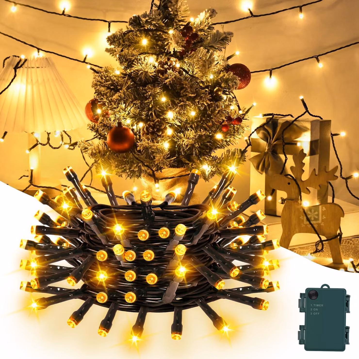 Catena luminosa da 5 metri, con 50 LED, luce bianco caldo, timer, grado di protezione IP65, cavo verde