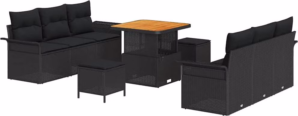 Set Divano da Giardino con cuscino 9 pcs Nero polyrattan