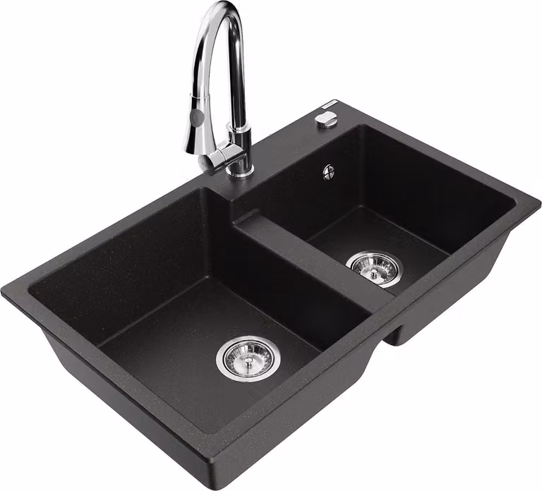 Mexen Tomas lavello in granito a 2 vasche con miscelatore da cucina Elia, nero/oro metallizzato - 6516-75-670101-00