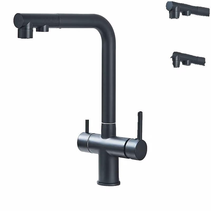 Rubinetto da cucina con doppia maniglia, funzionalità acqua calda e fredda, struttura in ottone resistente, nero