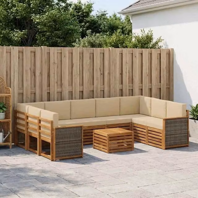 Set di divani da esterno a forma di U vidaXL in legno di acacia con cuscini, colore beige e marrone