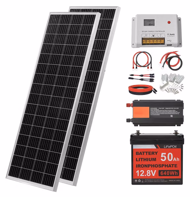 Kit completo di impianto solare SucceBuy da 200W, sistema autonomo con 2 pannelli solari monocristallini da 100W, batteria LiFePO4 da 12,8V e 50Ah, regolatore di carica da 40A e inverter da 12V e 800W, sistema fotovoltaico per uso domestico e camper