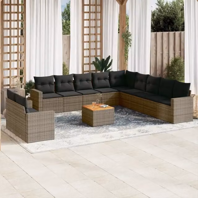 Set da giardino moderno vidaXL composto da 12 pezzi in polyrattan grigio con cuscini imbottiti e tavolino da esterno – 1