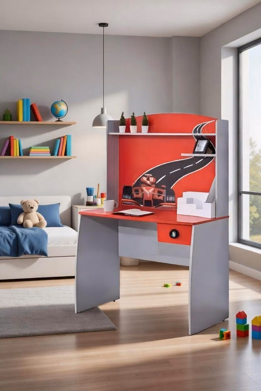 Scrivania in stile auto da corsa per la cameretta dei bambini con spazio contenitivo