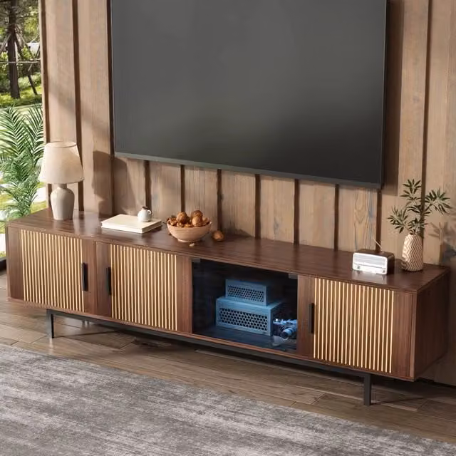 Mobile porta TV moderno OKWISH in MDF e legno con striscia LED integrata controllabile via app e Bluetooth, colore noce e nero, L 200 x P 35 x H 53 cm