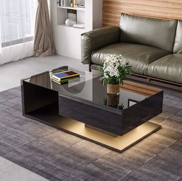 Tavolino basso 105x55 cm nero in pannello truciolare, vetro e LED