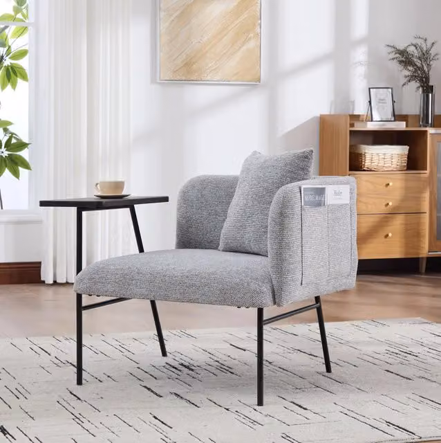 Poltrona relax MODFU con tavolino laterale e tasche portaoggetti in ciniglia grigia e nera, L: 86 cm, P: 72 cm, H: 71 cm