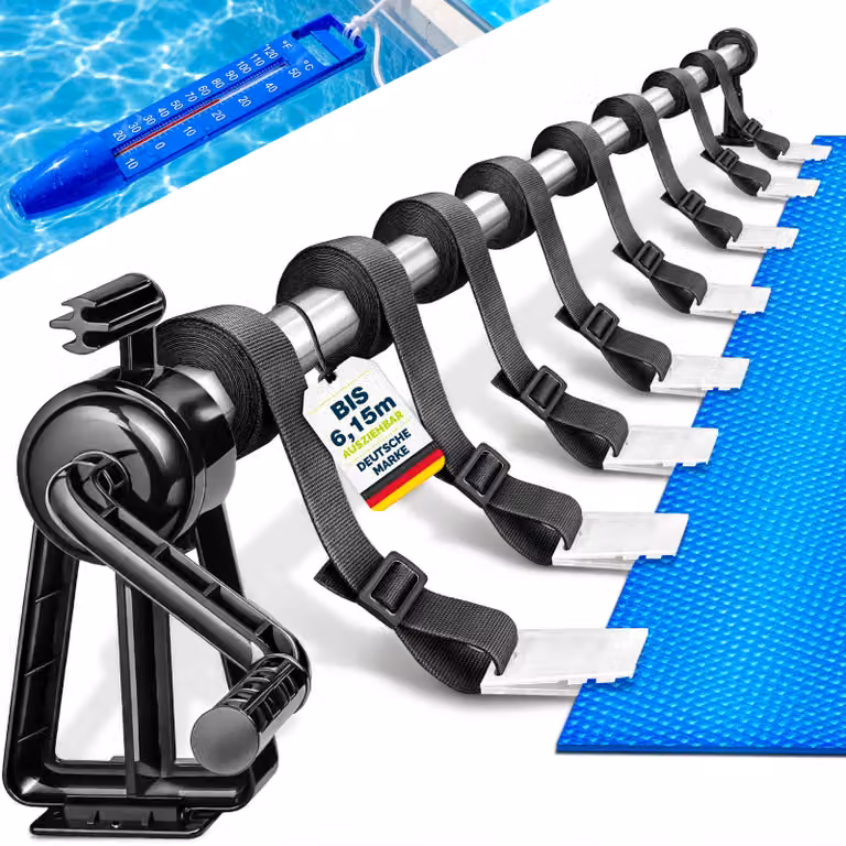 Avvolgitore per piscine Tillvex Premium 1,05-6,15 m con termometro e nastri | Sistema di avvolgimento per teli solari | Dispositivo di avvolgimento mobile per teli e coperture per piscine | Materiale resistente alle intemperie
