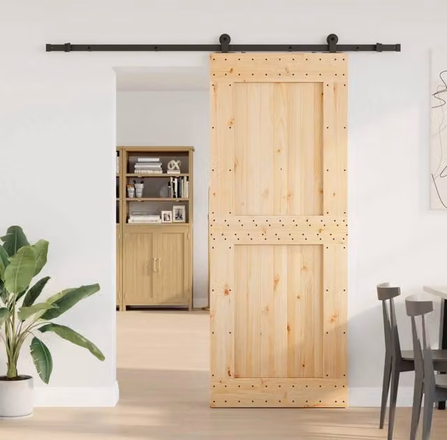 Porta scorrevole moderna vidaXL NARVIK in legno e acciaio, colore Naturale e Nero, L: 90 cm, H: 210 cm