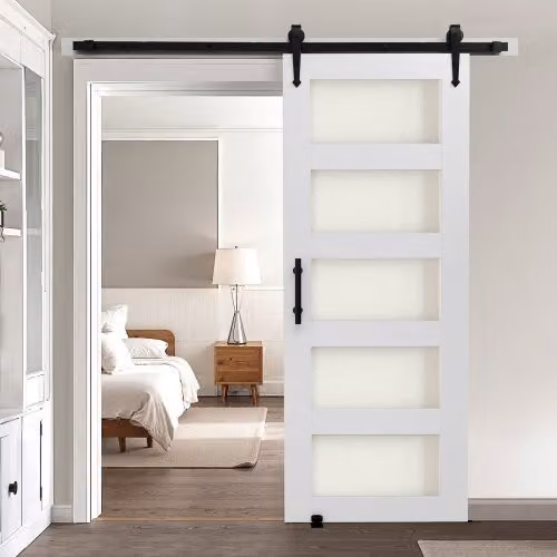 Porta Scorrevole VEVOR in MDF e Vetro Satinato con Kit di Ferramenta e Telaio a H, Bianco, L: 76,2 cm, H: 213,4 cm