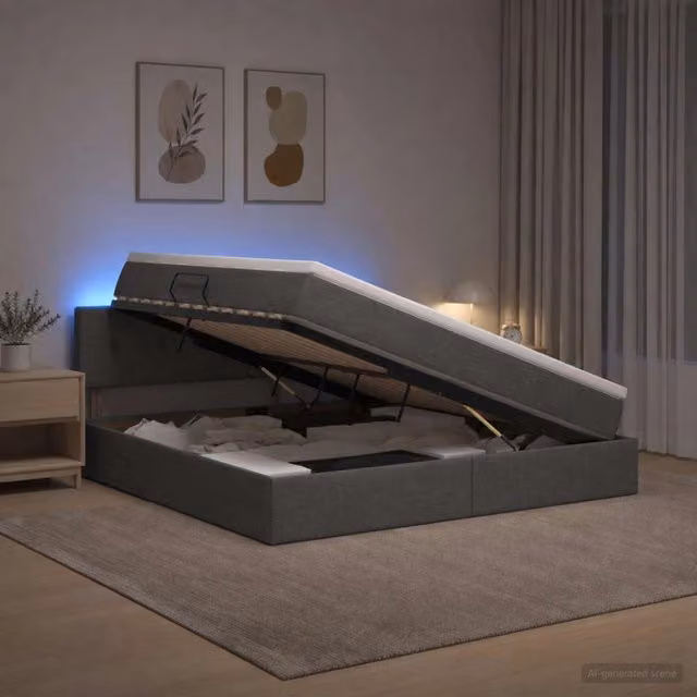 Letto con contenitore vidaXL in tessuto grigio con illuminazione LED e porte USB, L 140 x P 200 cm – 1
