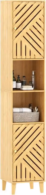 Colonna Bagno Minimal con Ante in Bambù e Ripiani Regolabili, Colore Naturale, L/P/H: 32 x 30 x 170 cm – 1