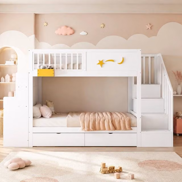 Letto a castello ULEVR 90x200 cm in pino con 2 cassetti, scala contenitore, scrivania e stelle gialle, bianco