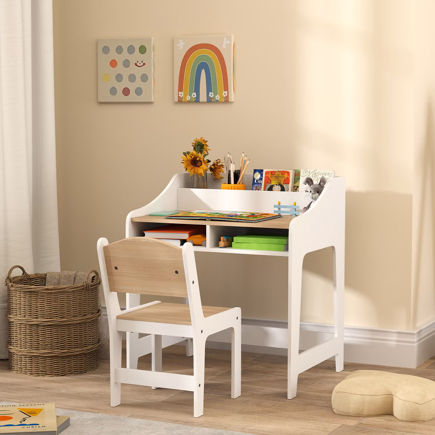 Set Scrivania per Bambini AIYAPLAY in Legno con Sedia e Scomparti per Archiviazione, Colore Bianco e Marrone, per Bambini dai 3 ai 6 Anni – 2