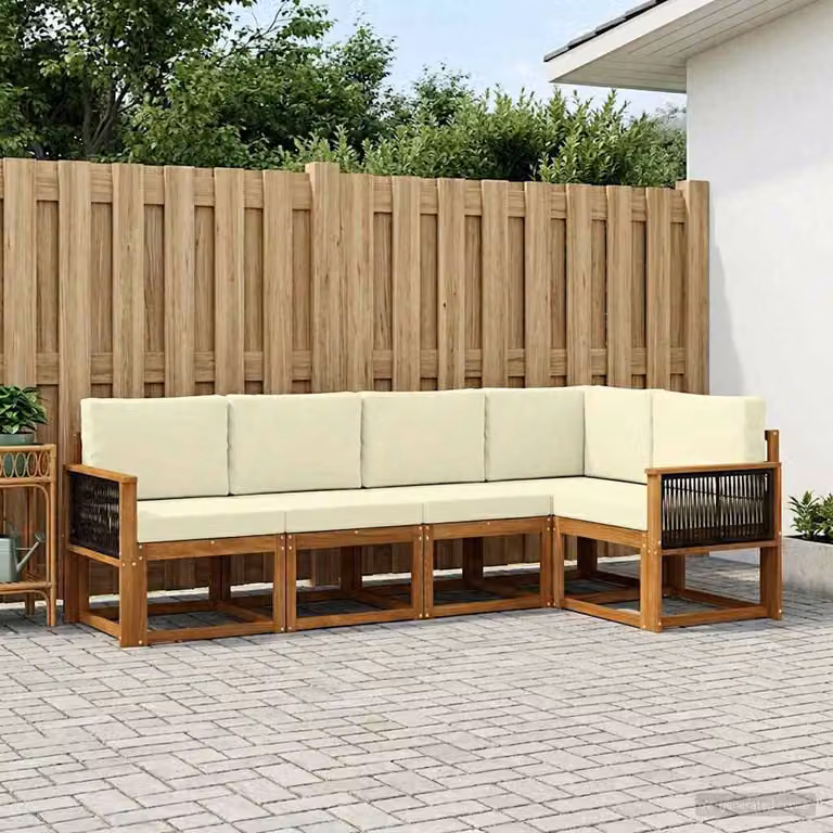 Set di divani da esterno vidaXL a forma di L composto da 5 pezzi in legno di acacia con cuscini beige e crema