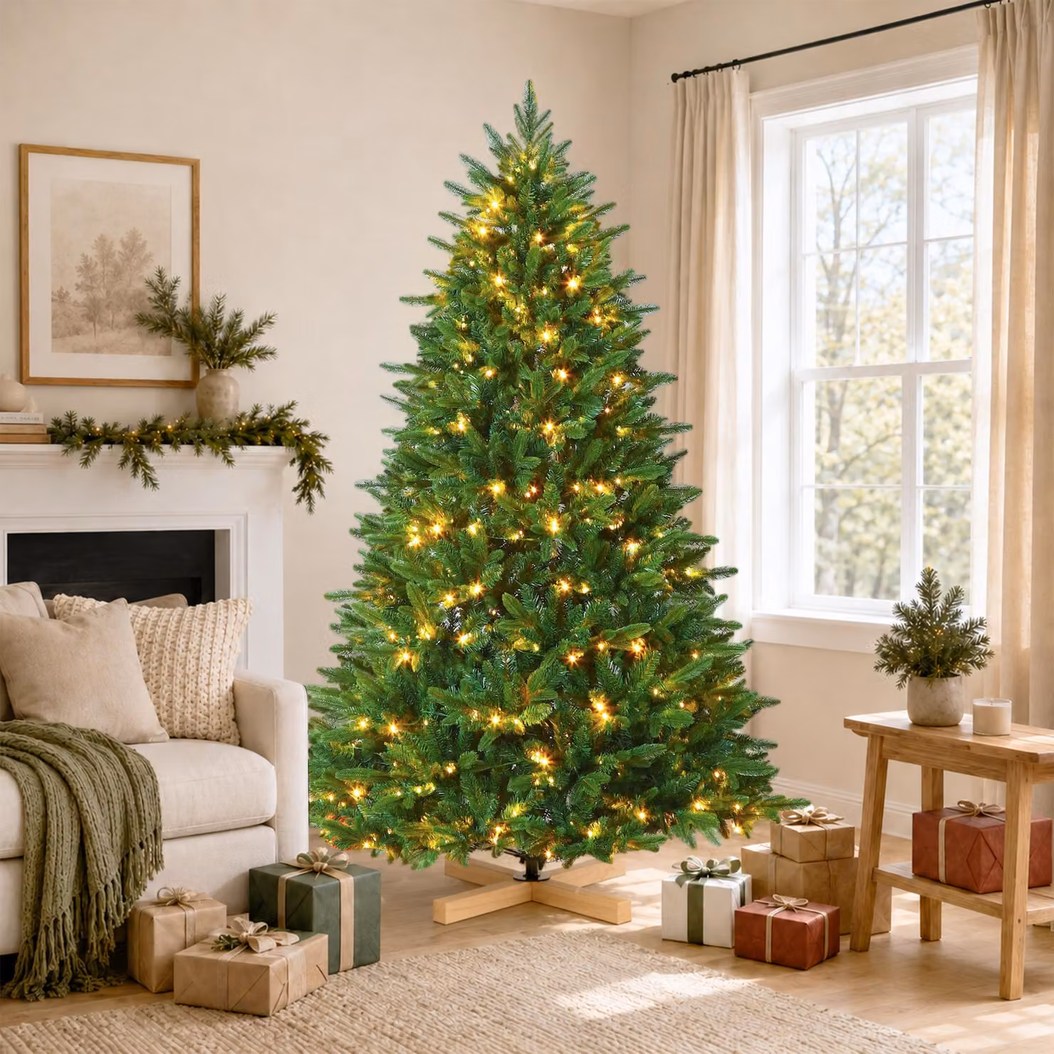 Albero di Natale artificiale, altezza 180 cm, con 300 luci LED bianco caldo, realizzato in PVC e PE, con base in legno