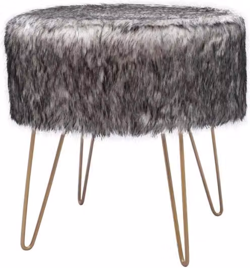 Pouf rotondo Mio Vikasa Home in eco-pelliccia bianca e metallo antracite, H: 45 cm – 1