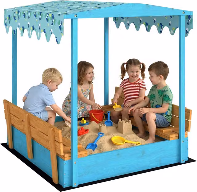 Sabbiera per bambini in legno di abete con tettuccio dinosauri e sedute pieghevoli, colore blu, L: 134.5 cm, P: 127.5 cm, H: 130 cm